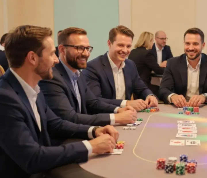 Pastelový firemní pokerový event s usmívajícími se hosty u stolů