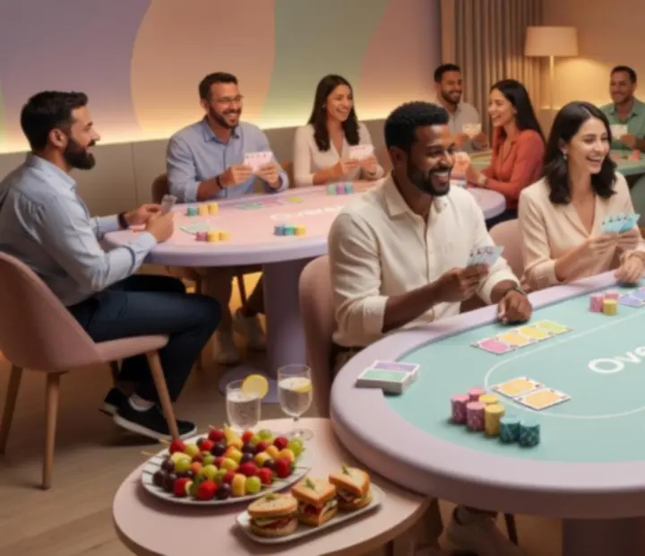 Detail pokerového stolu s pastelovými žetony a brandingem Overenia