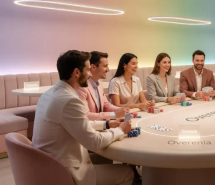 Elegantně připravený pokerový večírek Overenia v pastelových barvách se smějícími se hosty