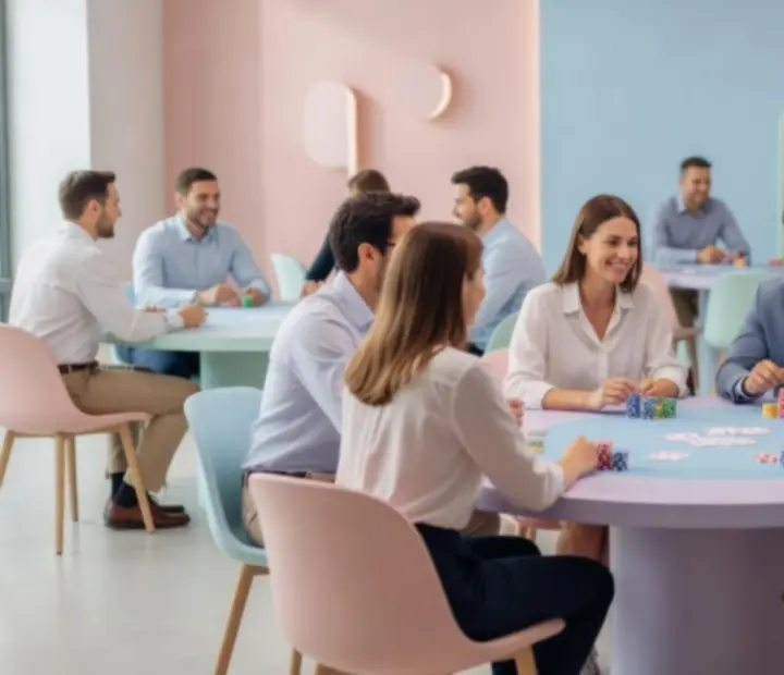 Tým při pokerovém teambuildingu v pastelovém prostředí