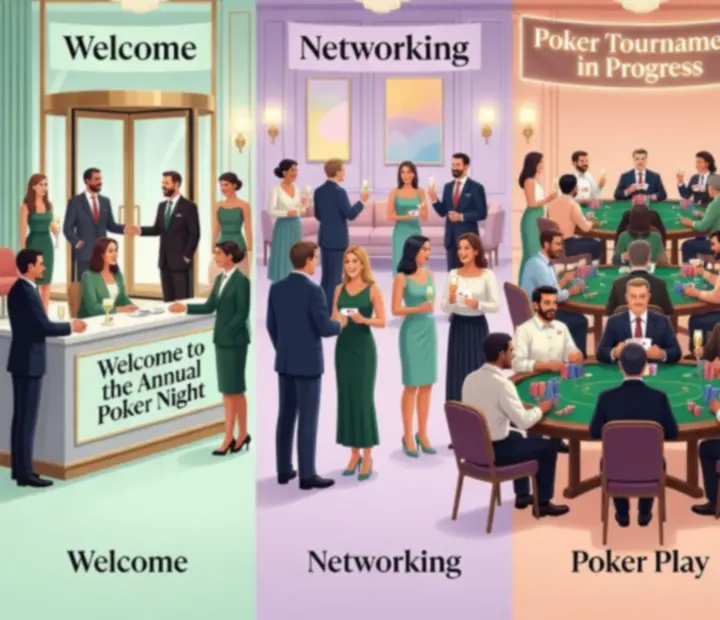 Infografika průběhu firemního pokerového večera v pastelovém stylu